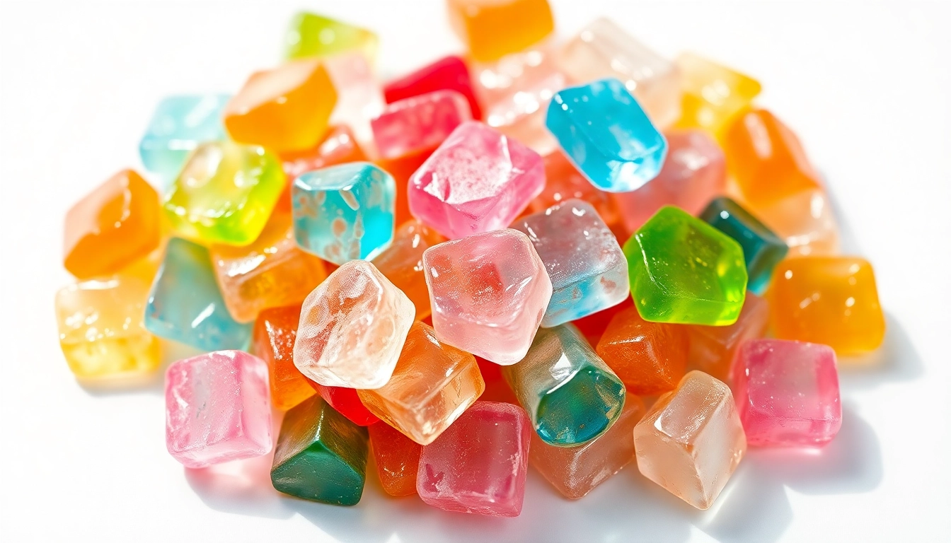 Admire the colorful assortment of crystal candy pieces, each sparkling beautifully.