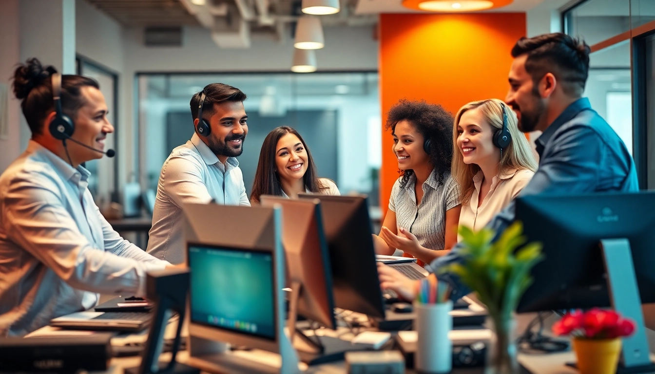 Engaged team collaborating at a call center in Tijuana, showcasing professionalism and modern work environment.