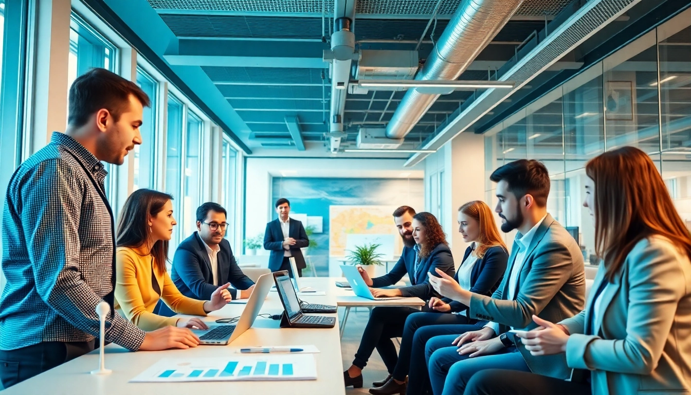 Business professionals collaborating in a modern office while discussing Polonya'da Şirket Açmak.