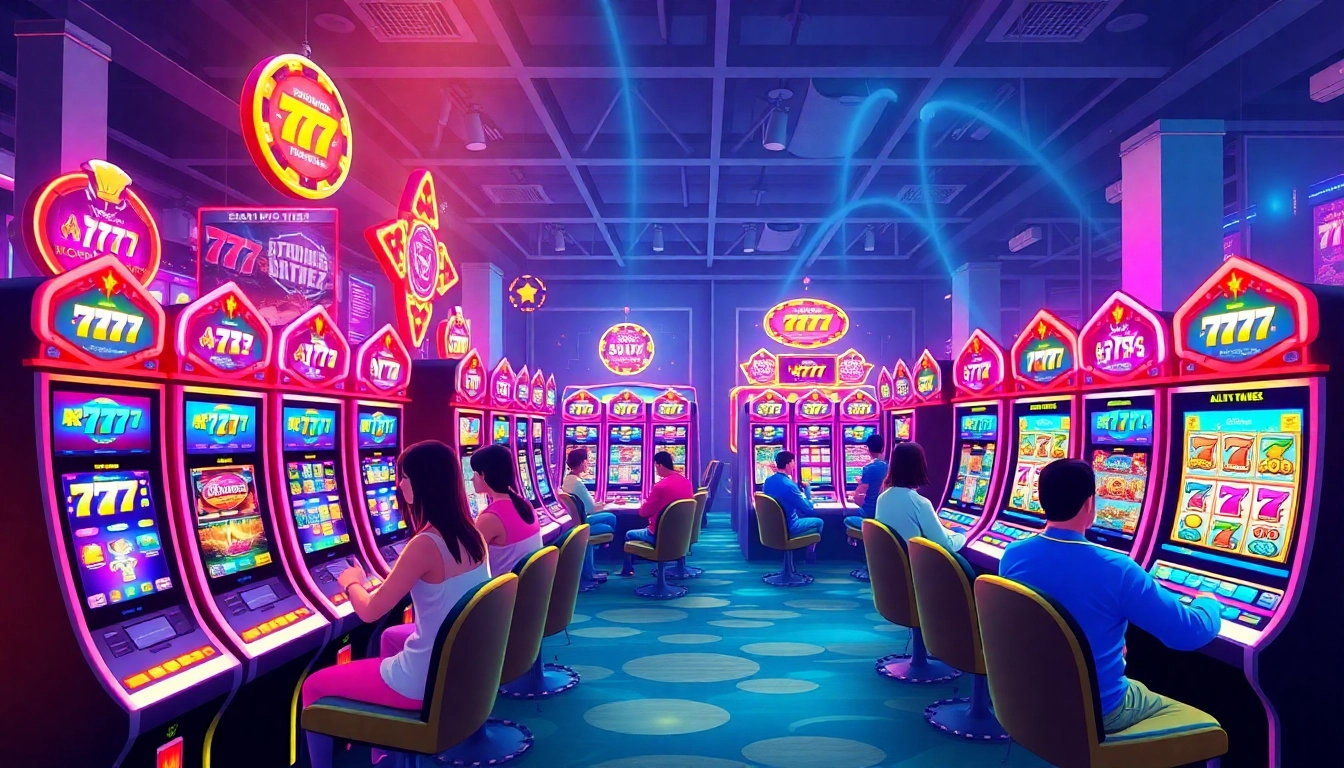 Players experiencing the thrill of สล็อต777 slot machines in a lively online casino atmosphere.