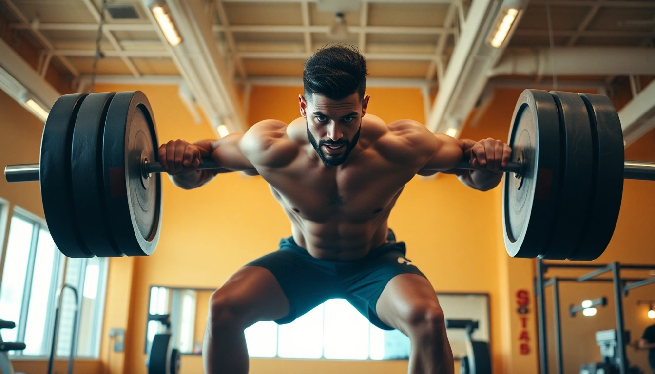 Weightlifting athlete demonstrating strength and technique in a vibrant gym environment.