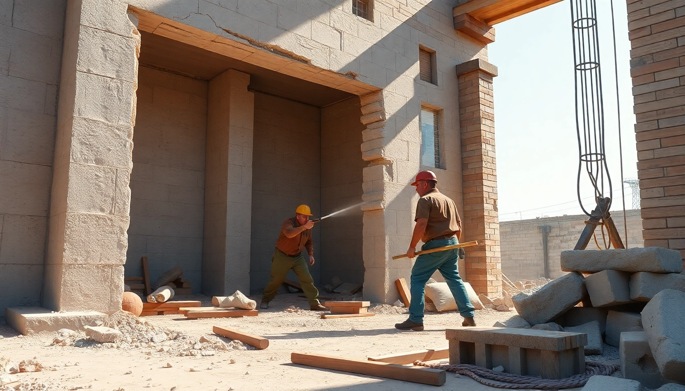 Effective facade removal in action, showcasing tools and construction workers demonstrating the process.