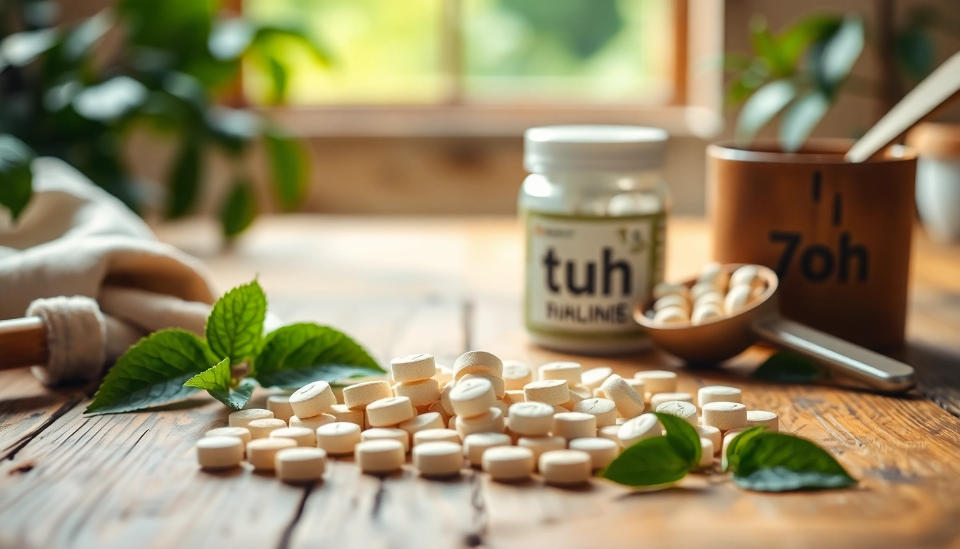 Showcase bulk 7oh tablets arranged artfully with natural props for a wellness-focused presentation.