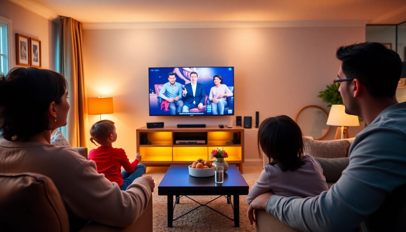 Enjoy a free IPTV trial while a family connects over their favorite shows in a cozy living room.