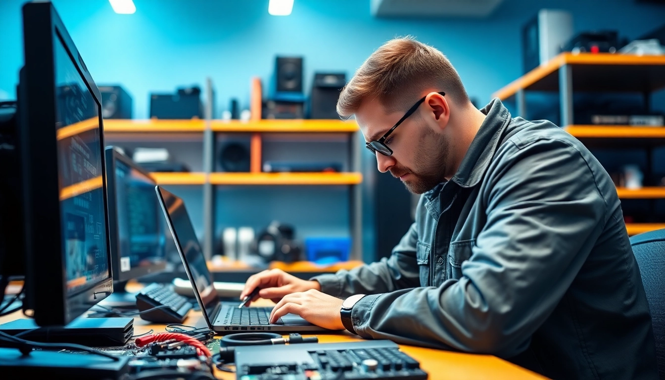 Riparazione computer settimo torinese in un laboratorio moderno con un tecnico esperto al lavoro.