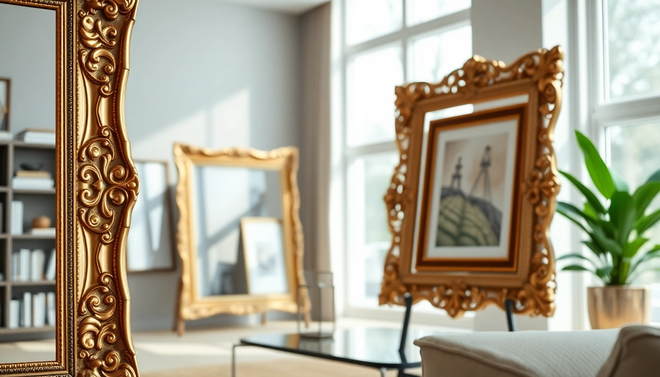 Showcase ornate picture frames in an elegant living room with intricate designs and luxurious finishes.