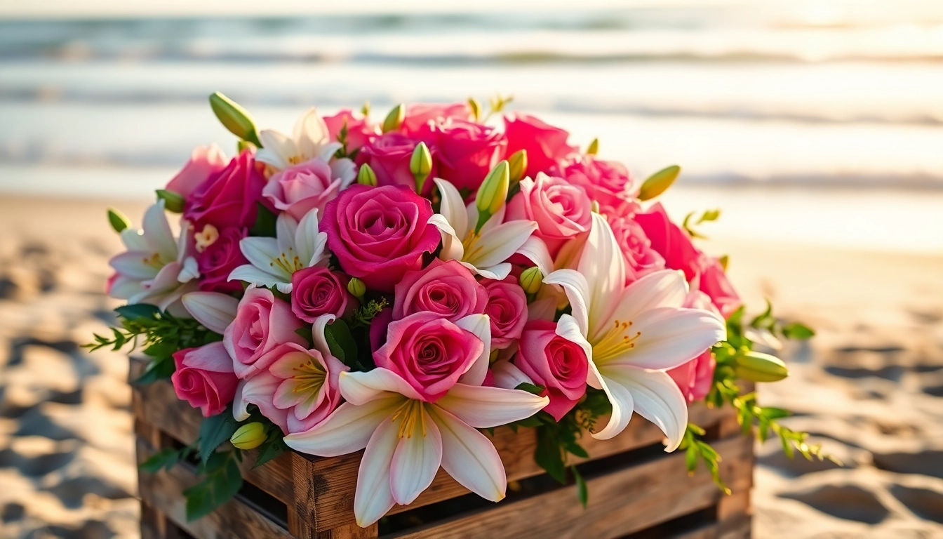 A beautiful floral arrangement by a Huntington Beach florist showcasing vibrant roses and lilies in a rustic setting.