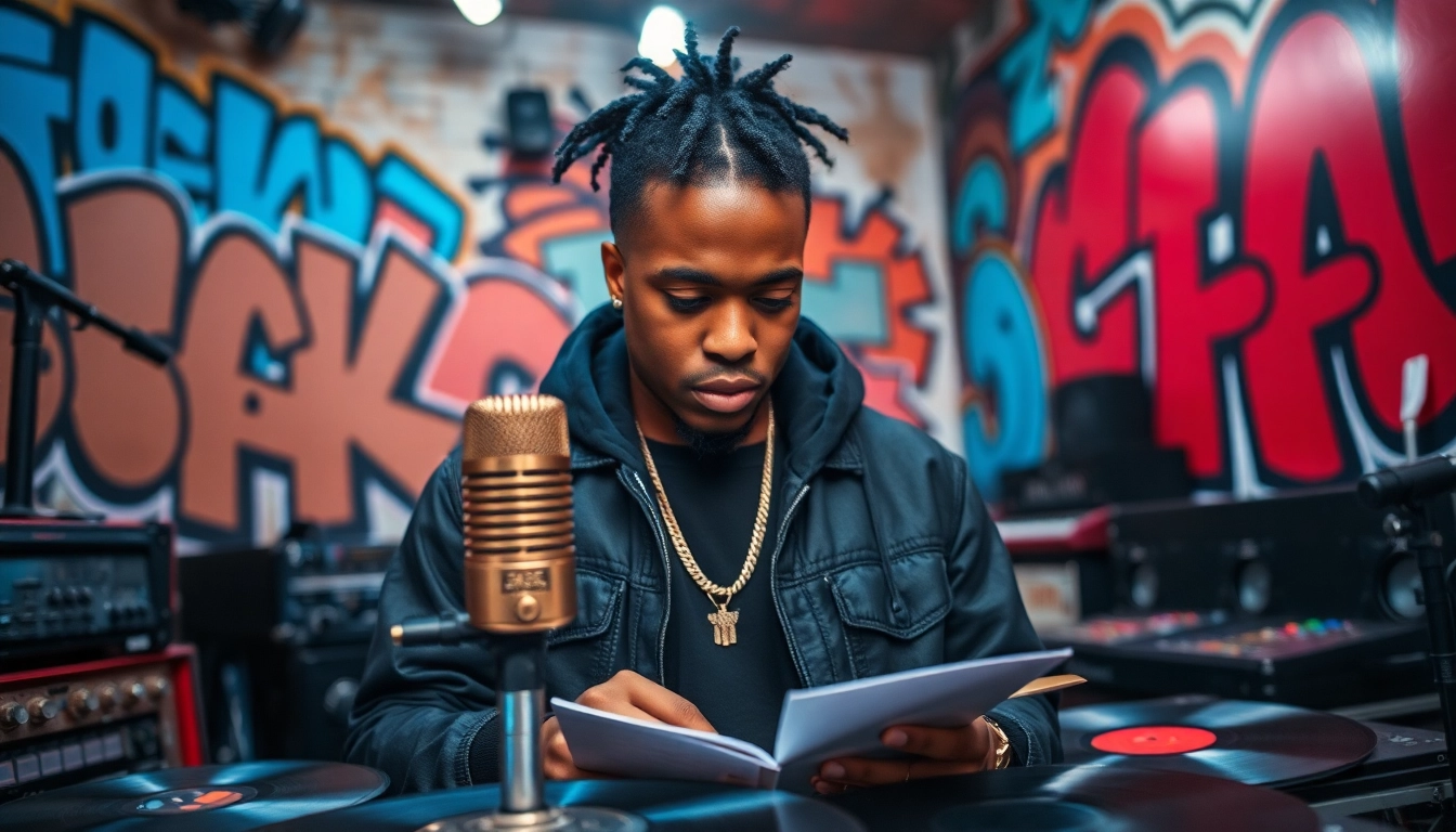 Chicago Rapper showcasing creativity in a vibrant urban studio filled with musical elements.