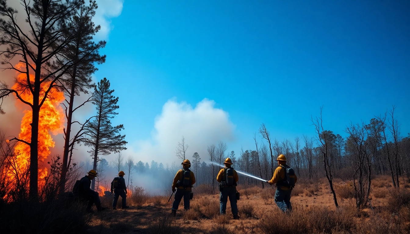 Firefighters battling wildfire events in a dry forest, showcasing bravery and teamwork.