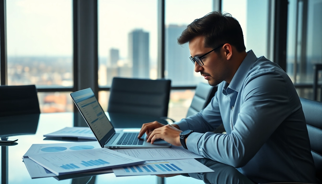 Analyzing competitor pricing research through detailed financial reports in a modern office.