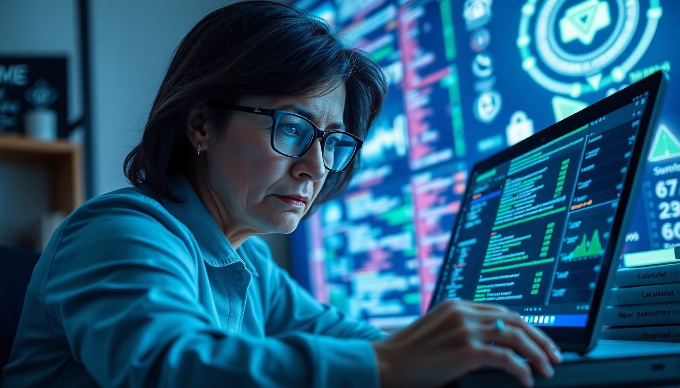 Engaged professional in a cyber security course analyzing data on a laptop.