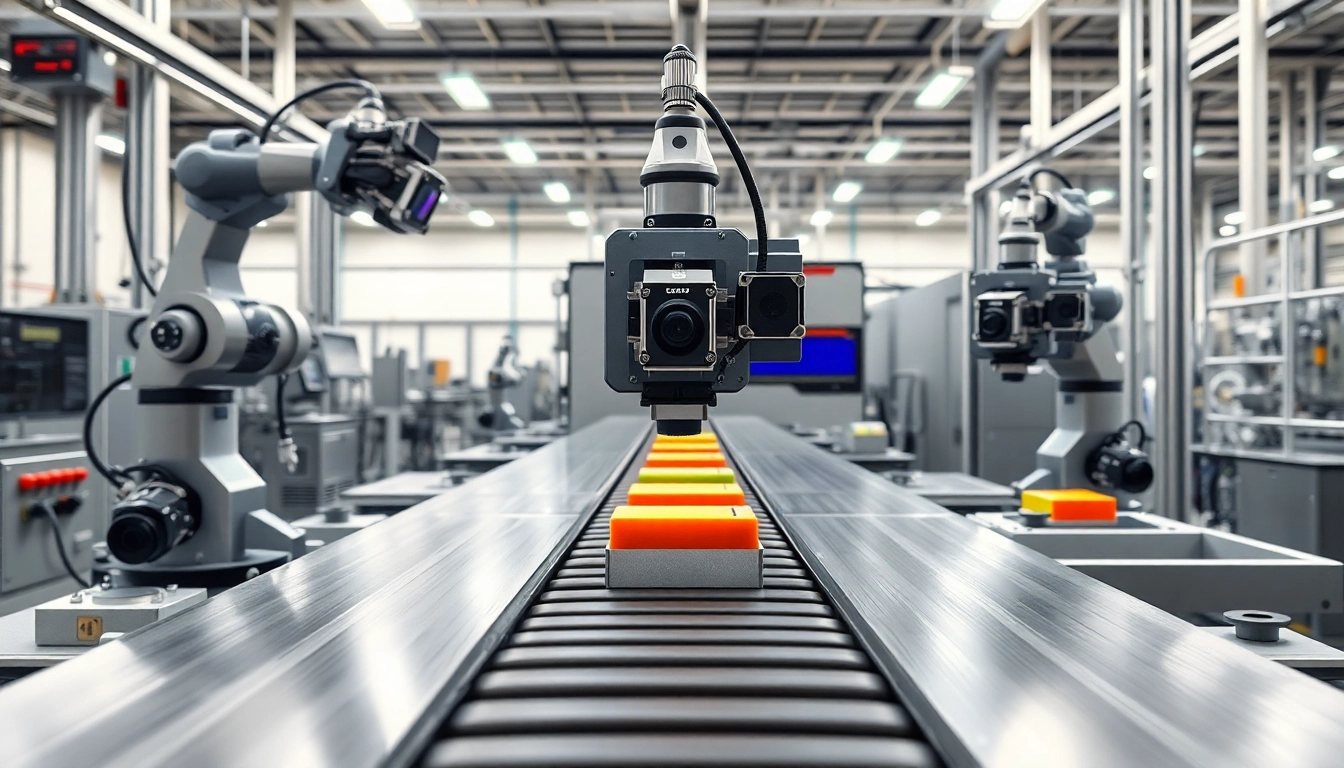 Machine vision system inspecting products on a conveyor belt in a modern industrial environment.