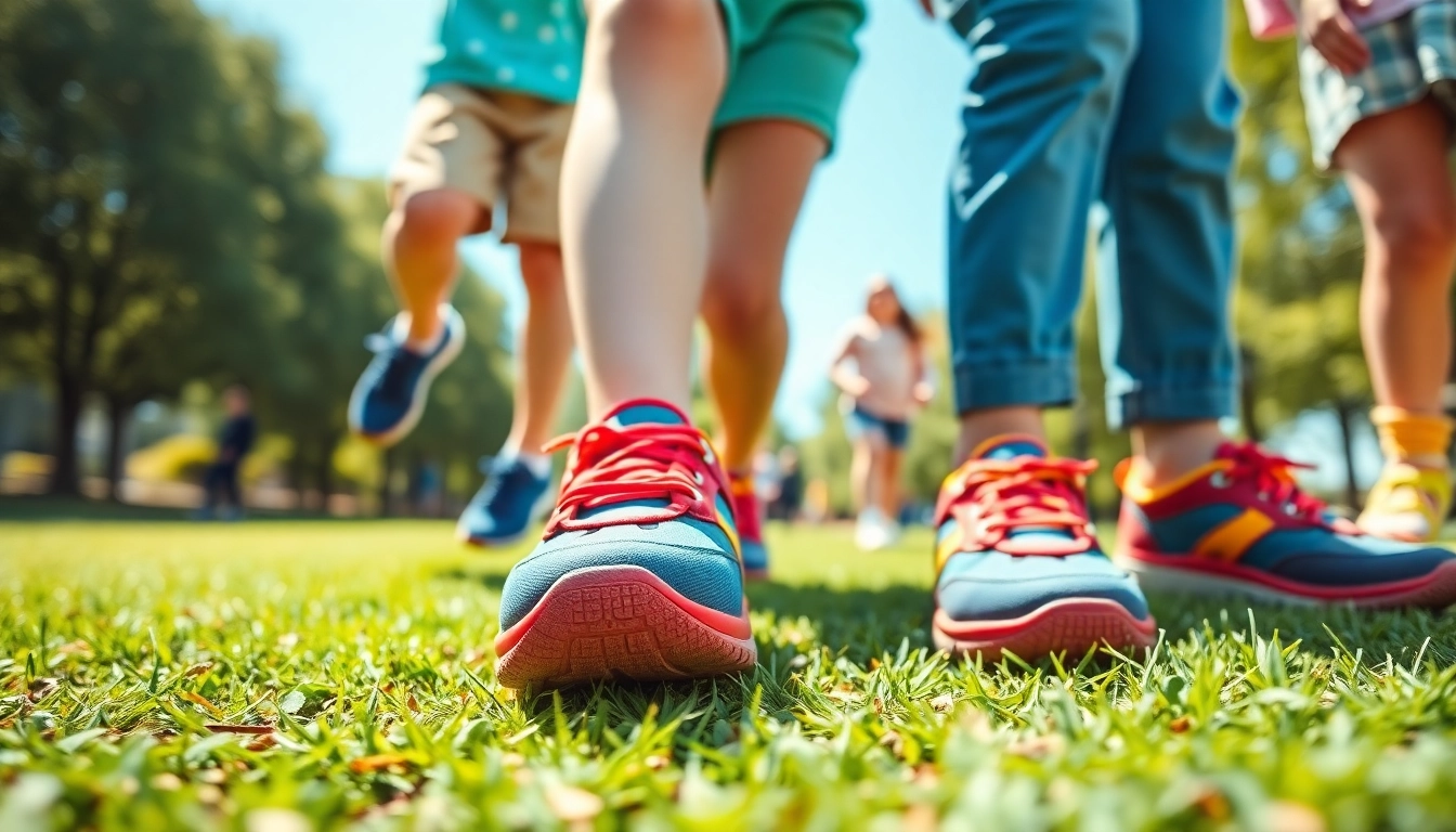 Kinder spielen fröhlich in atmungsaktiven Kinderschuhen auf einer grünen Wiese.