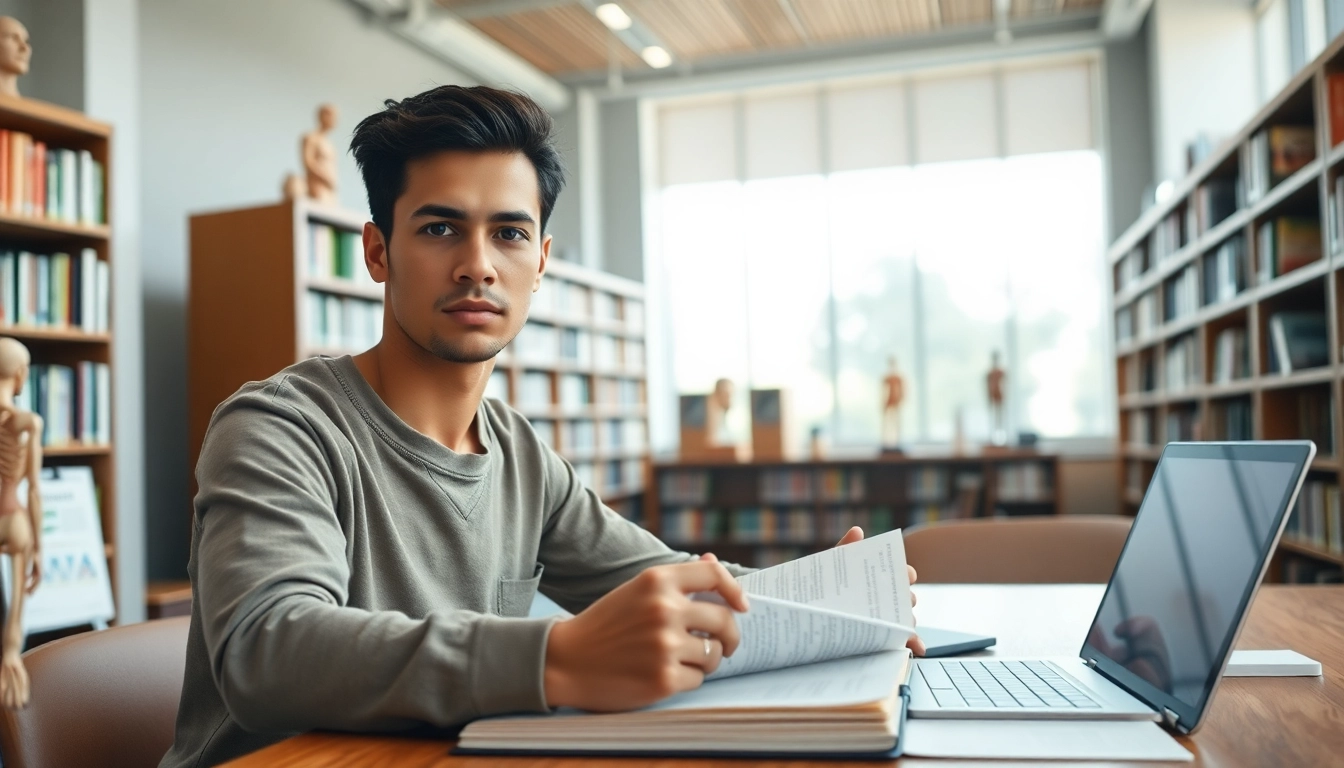 Medizinstudium ohne NC: Student lernt intensiv in moderner Bibliothek mit medizinischen Büchern.