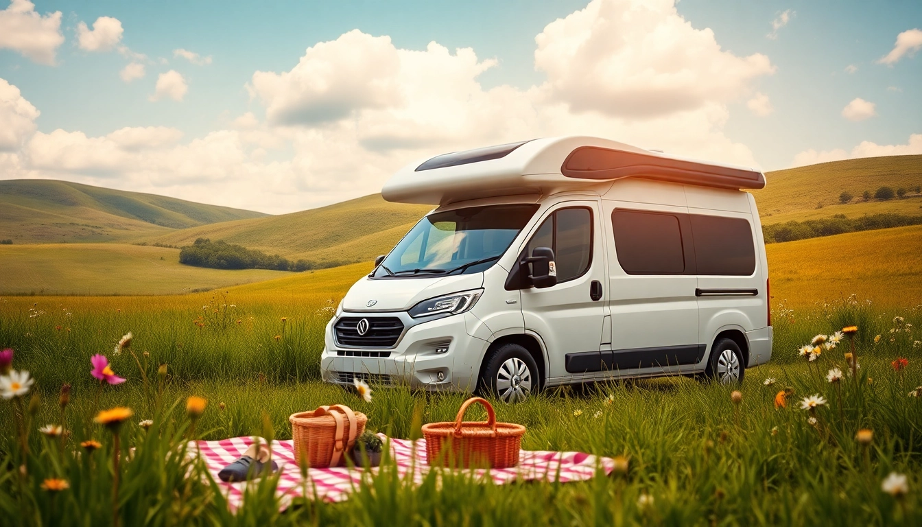 Explore the perfect campervan set in a picturesque countryside with picnic setup.