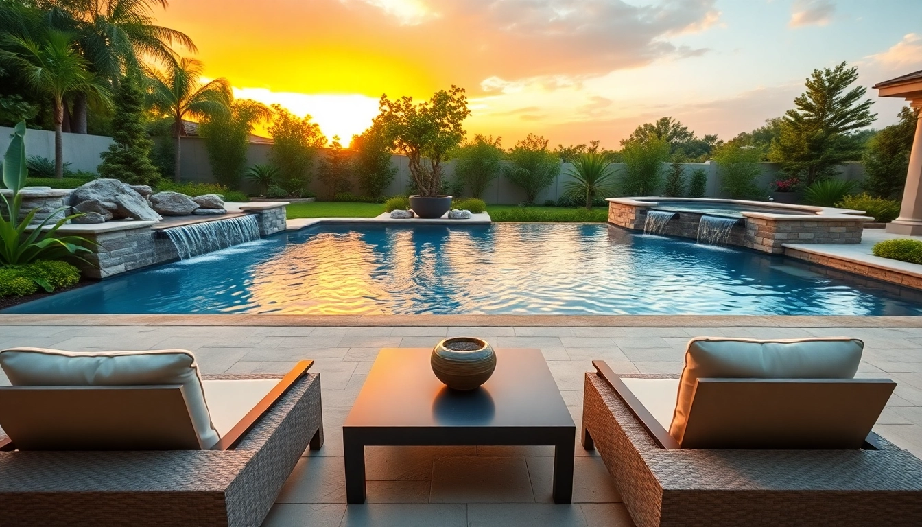 Relaxing backyard with a custom pool design featuring waterfalls and modern patio furniture.