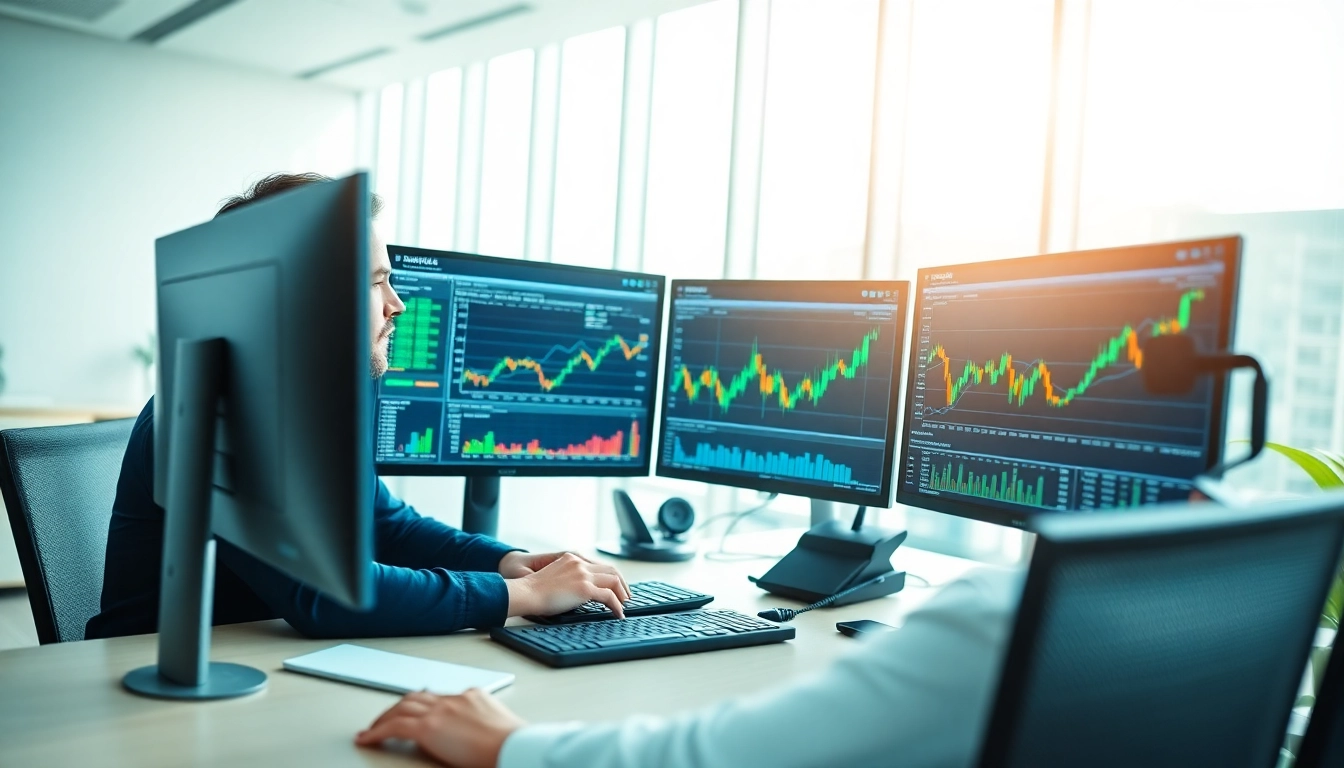 Trader engaging with trade futures data, illuminated by multiple screens in a bright office.