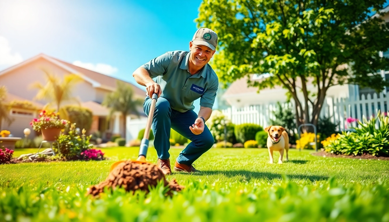 Engaging dog poop cleaning service with a professional in action on a pristine lawn.