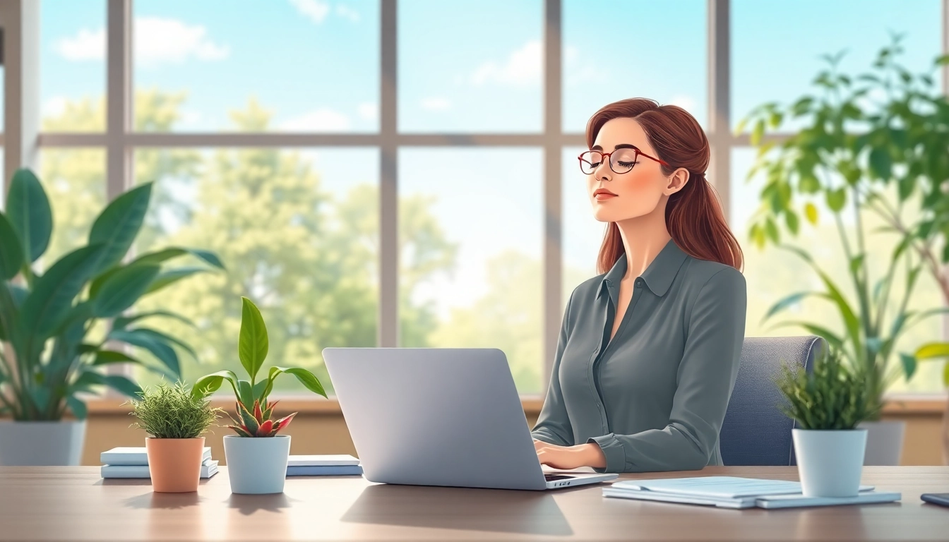 Woman practicing stress management techniques while dealing with stress in a calming office environment.