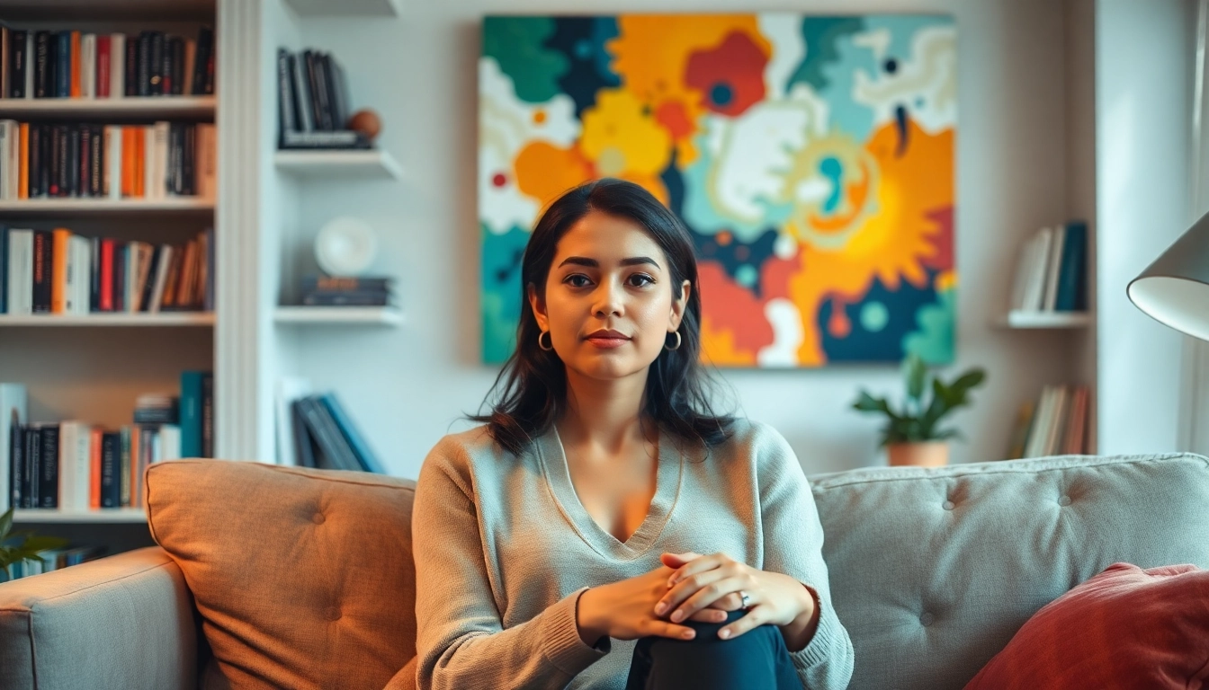 Person managing stress in a cozy therapy session setting, promoting techniques for dealing with stress.