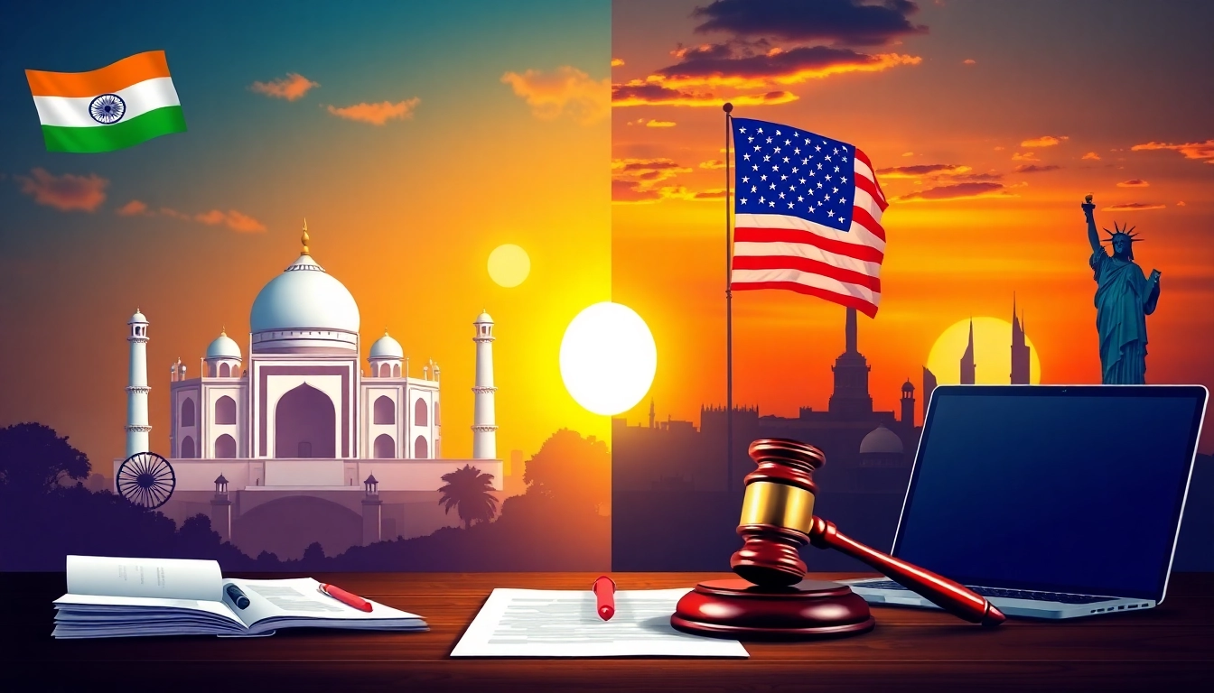 Visual guide on trademark registration in India and US showcasing flags and legal tools.