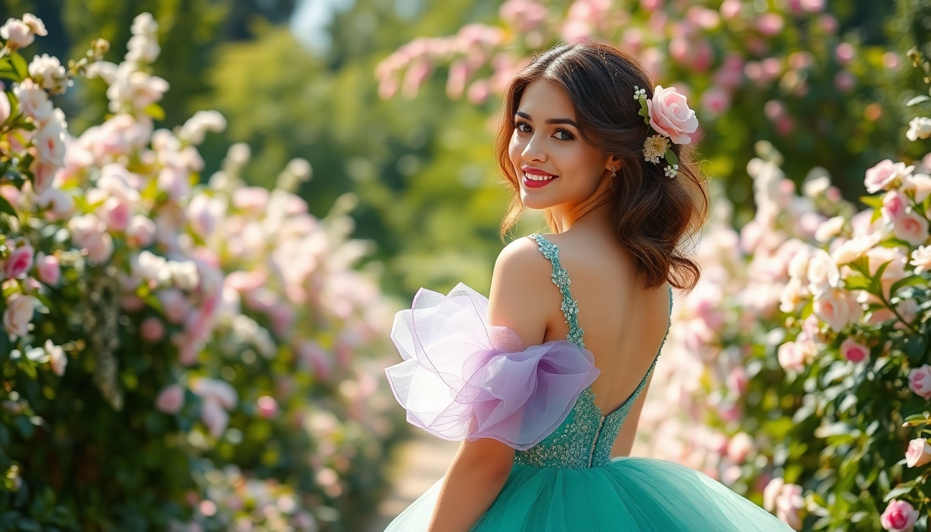 Admire the beauty of coloured wedding dresses showcased on a model in a vibrant garden.