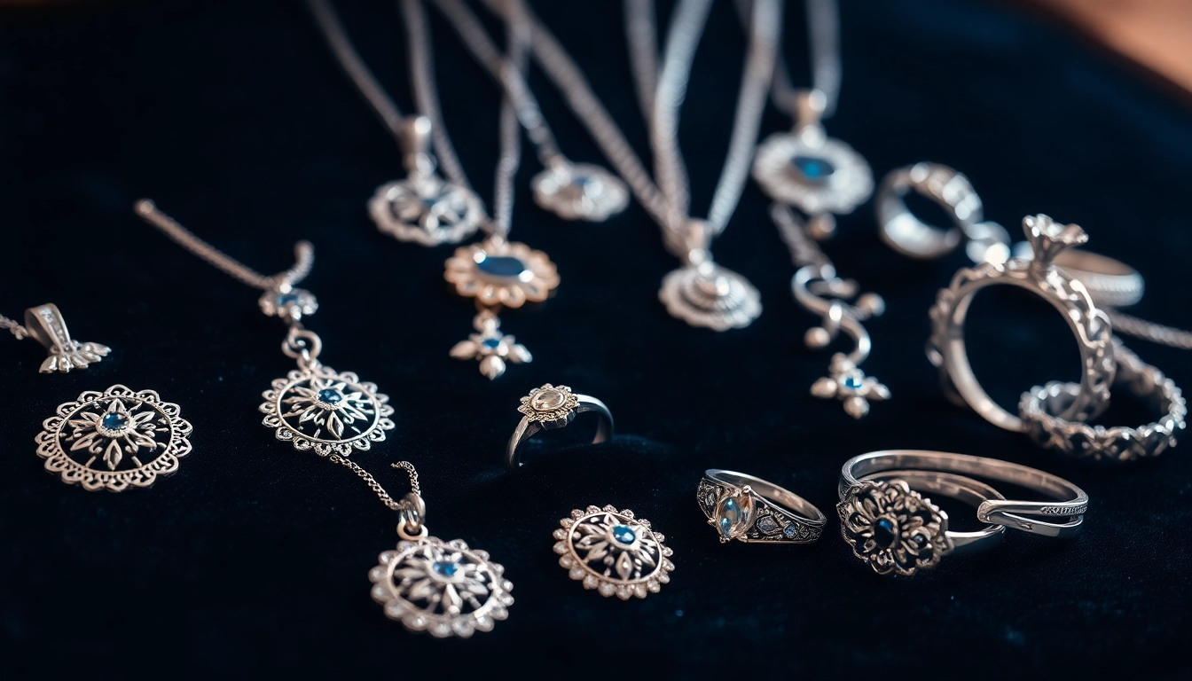 Showcasing stunning silver jewelry pieces on a velvet background, highlighting elegance and craftsmanship.