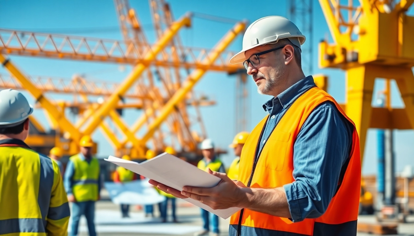 Reviewing NVQ Level 4 Crane supervisor answers on a construction site with teamwork and focus