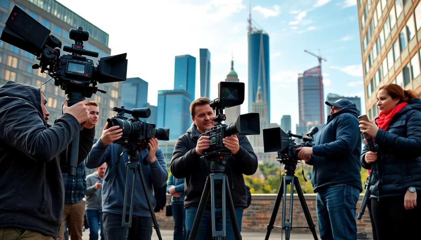 Engaging scene of professional video production in Edmonton showcasing teamwork and urban backdrop.