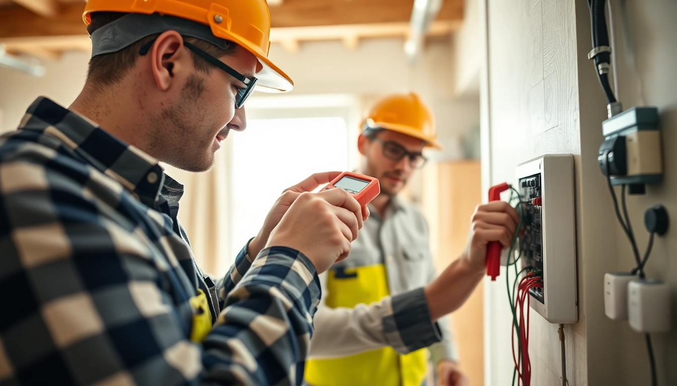 Electricians performing an Electrical Service inspection in a modern workspace.