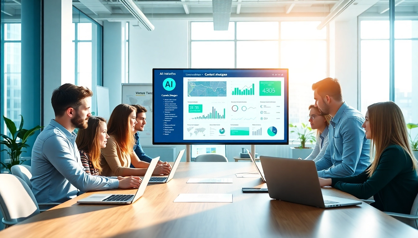 Engaged team discussing strategies for the AI content marketing platform in a modern office.