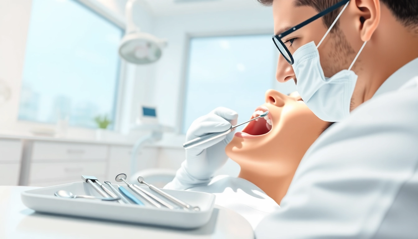 Highlighting fillings and restorative work, a dentist carefully examines a patient's teeth in a modern dental office.