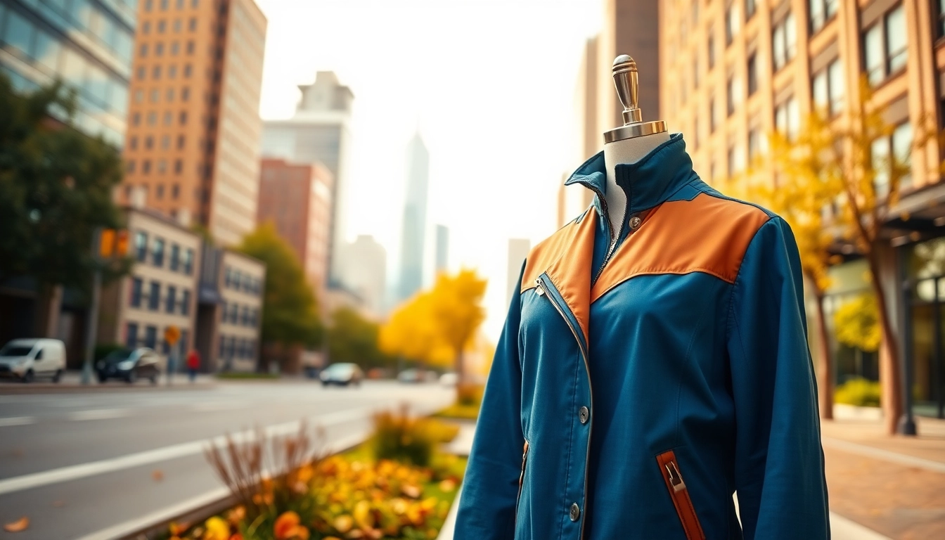 Showcase of jackets womens featuring vibrant designs in a lively urban backdrop.
