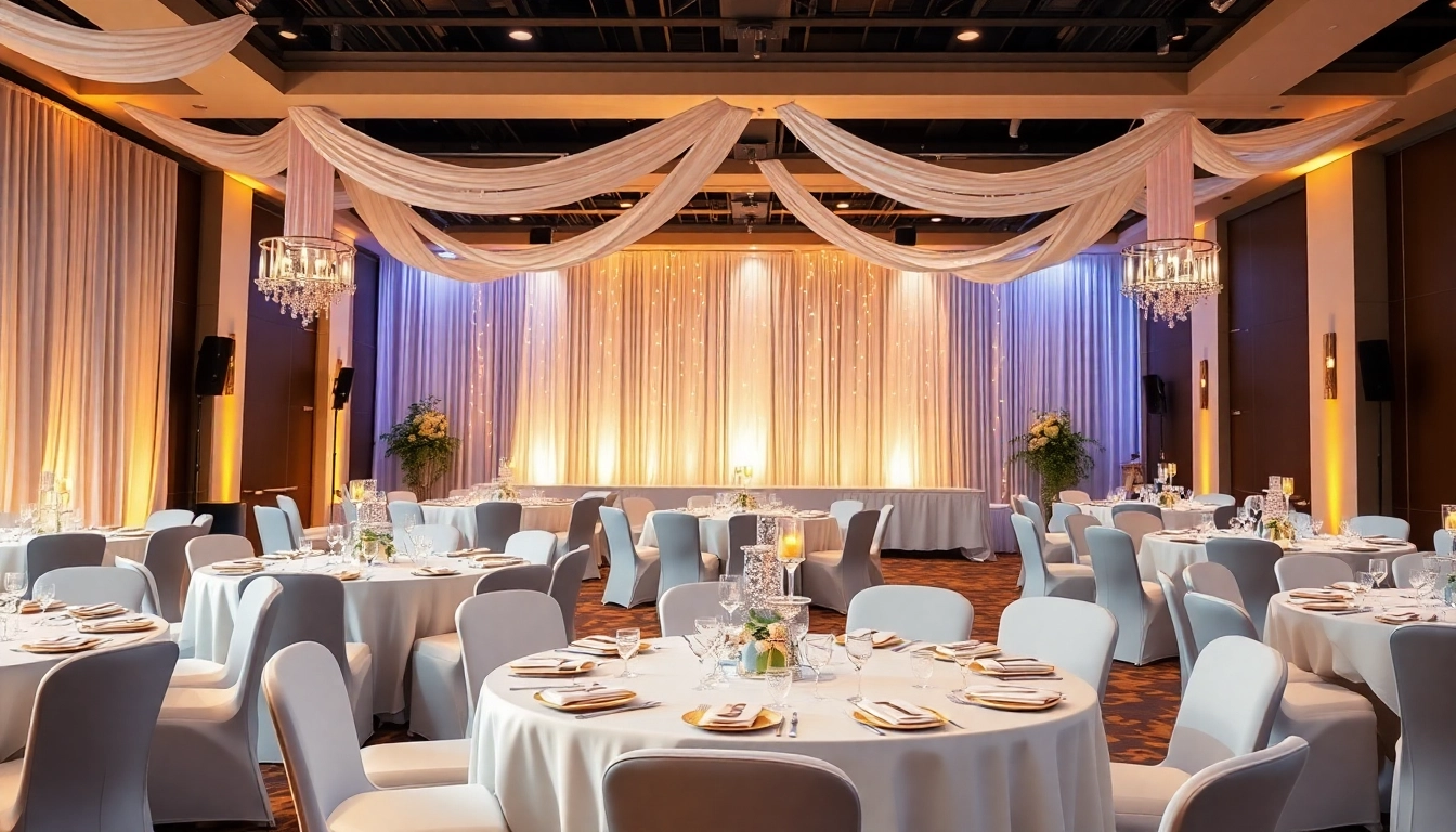 Set up of an event space with elegant decor and warm lighting for banquets.