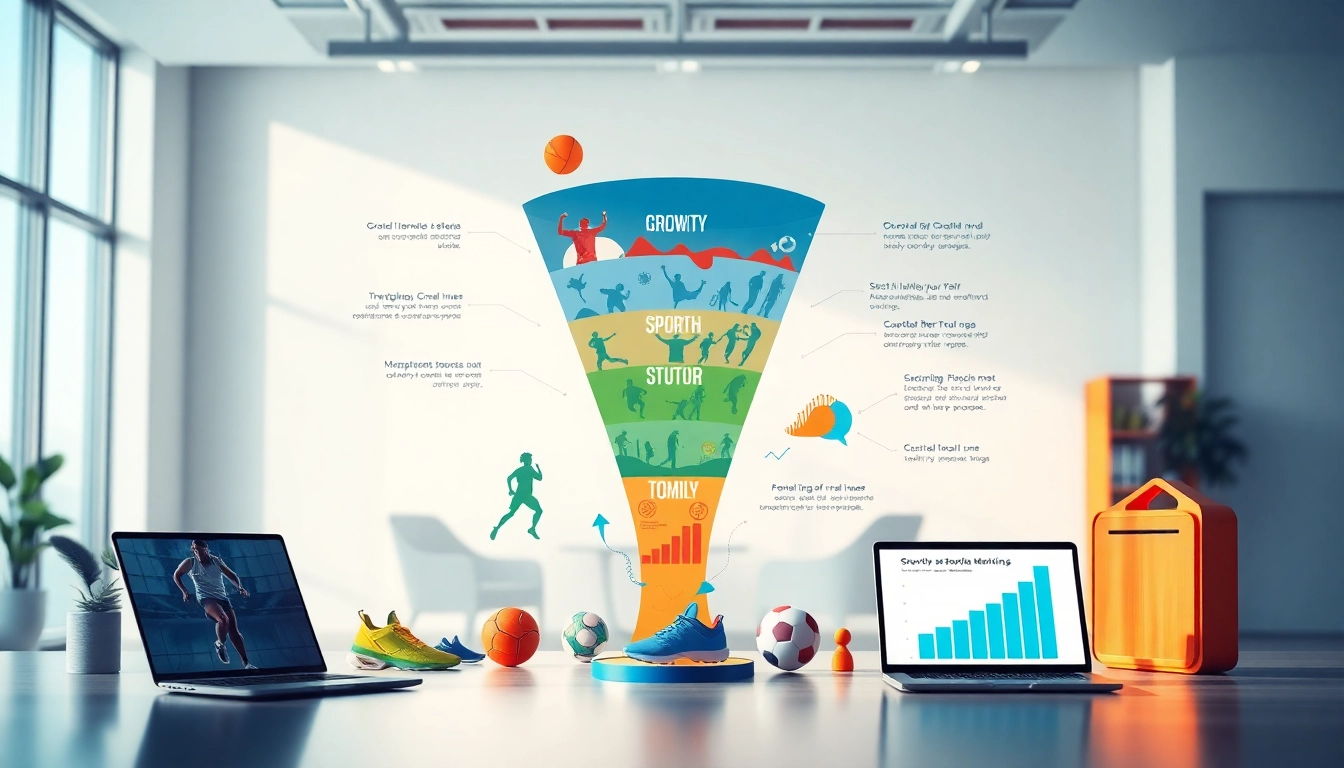Visual representation of funnels for sports businesses with athletes and marketing elements efficiently illustrated.