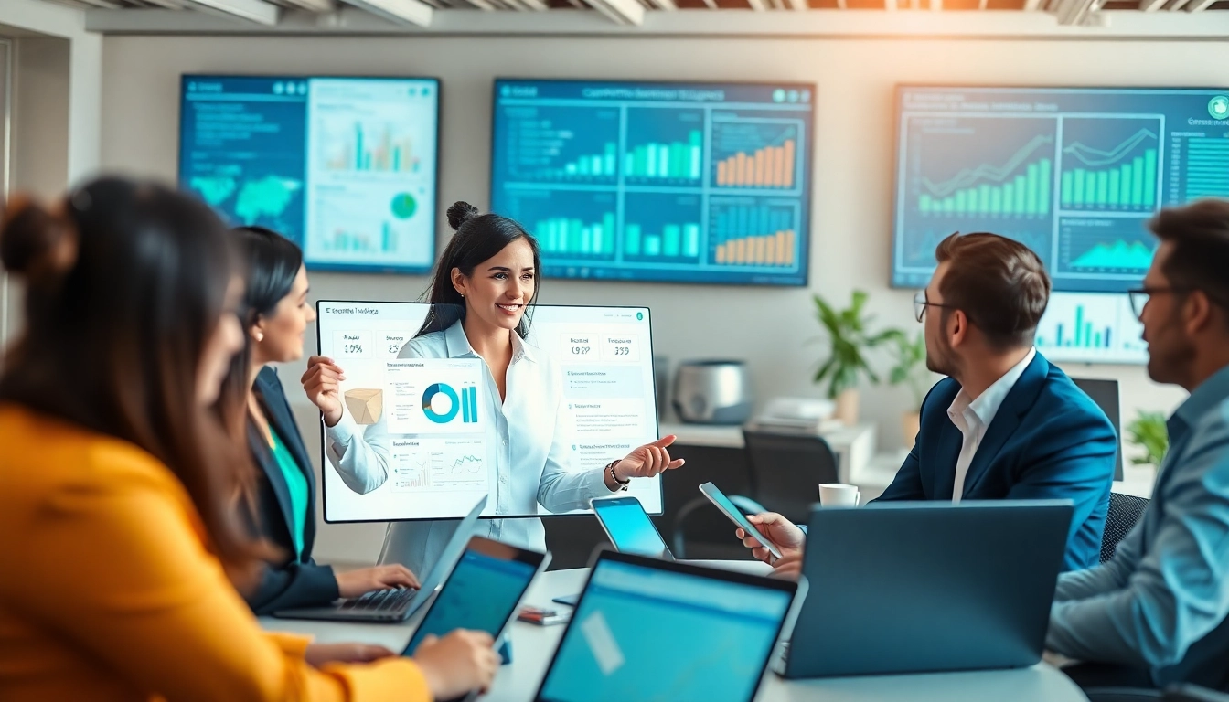 Analyze competitive intelligence data with a professional business team collaborating in a modern office setting.