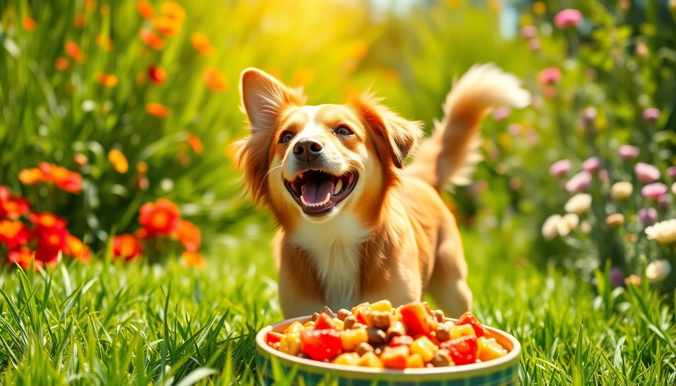 Dog enjoying nature's blend dog food canada in a sunny backyard setting.