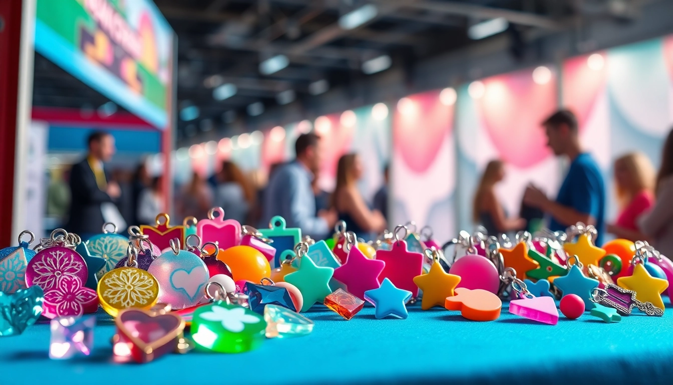 Explore vibrant acrylic charms in various shapes showcased at a creative booth.