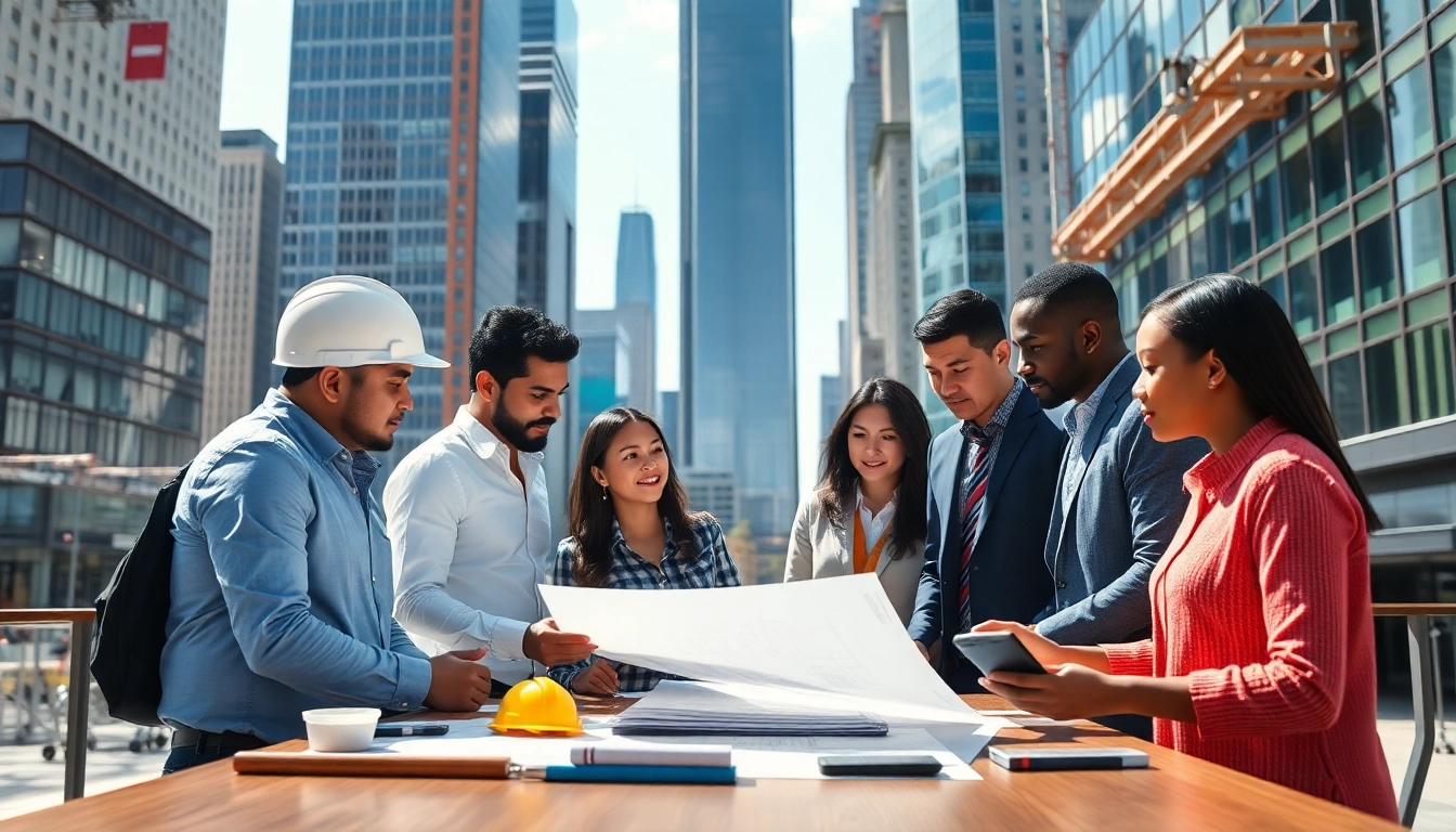 Engaged team of New York City Commercial General Contractors reviewing blueprints in an urban setting.