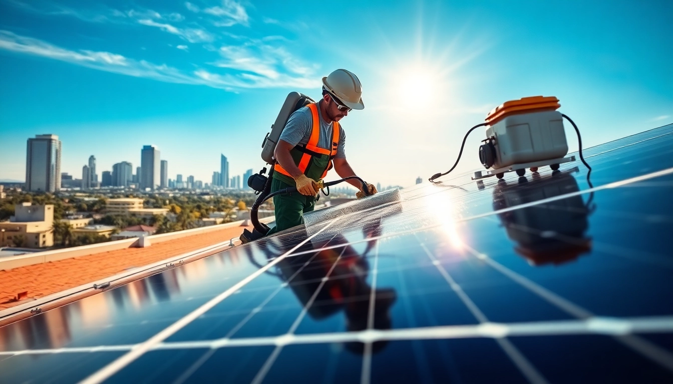 Solar panel cleaning Phoenix technician applying solutions on a rooftop, ensuring optimal performance.