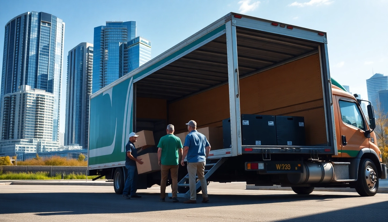 Professional team of moving companies in Toronto Ontario loading furniture into a truck against a city skyline.