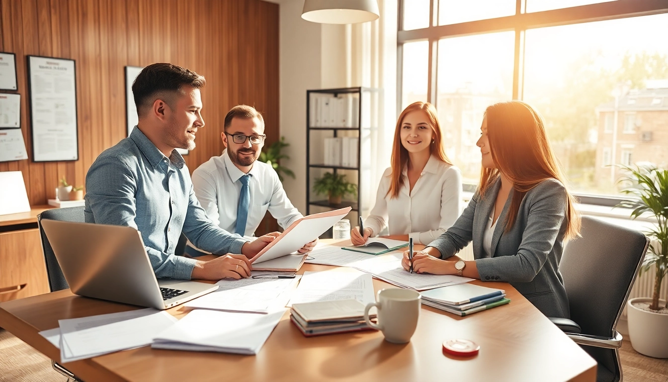 Engaged professionals providing QSM document clearing services in a bright office environment.
