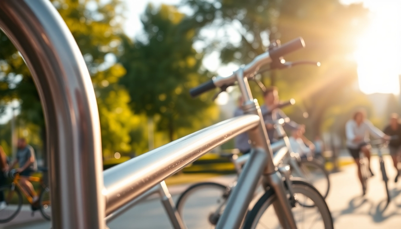 Utilize a modern bike rack designed for efficiency and style in an urban park setting.