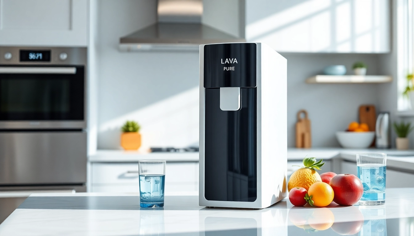 Lava Pure system umieszczony w nowoczesnej kuchni z zdrowymi owocami, podkreślający świeżość wody.