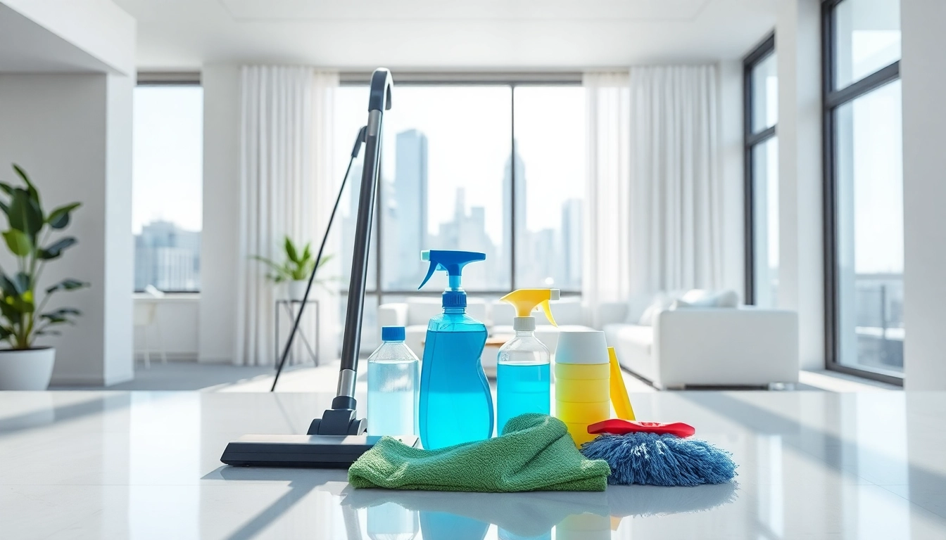 Bond cleaning process showcasing a pristine apartment with sparkling surfaces and organized cleaning supplies.