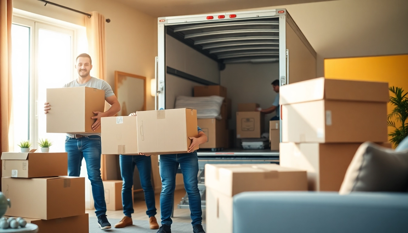 Movers Calgary collaborating efficiently during a home relocation with neatly arranged boxes and bright lighting.