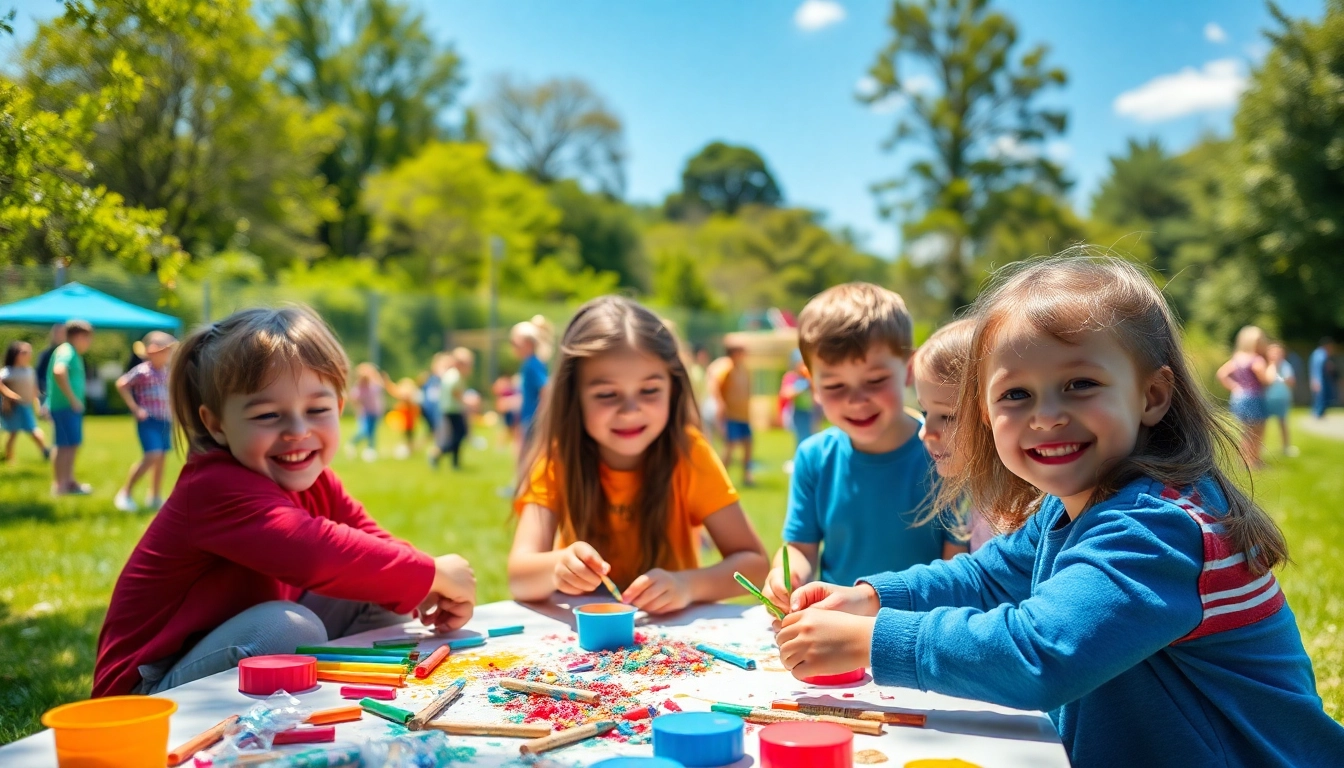 Children engaged in fun activities at holiday camps during a sunny day outdoors.
