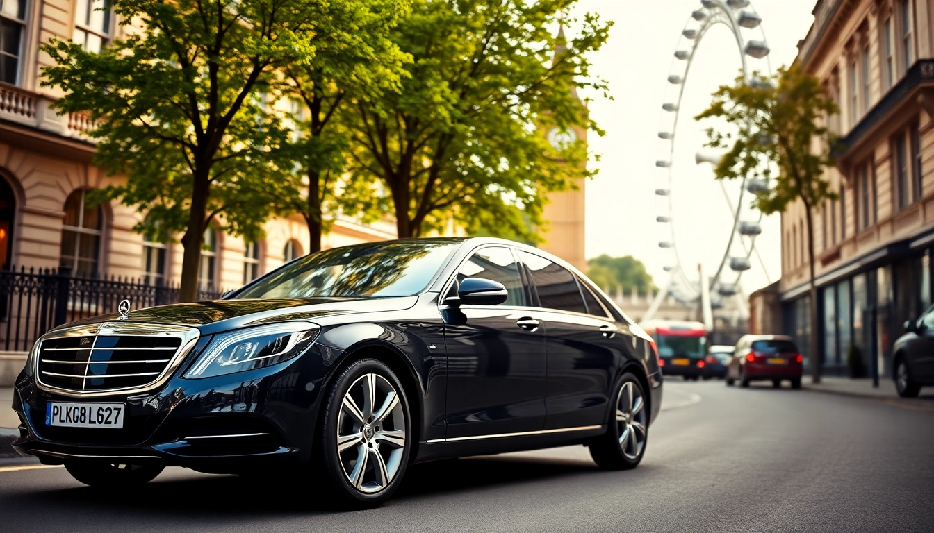 Experience the luxury of chauffeur service london in a sleek black car against iconic landmarks.