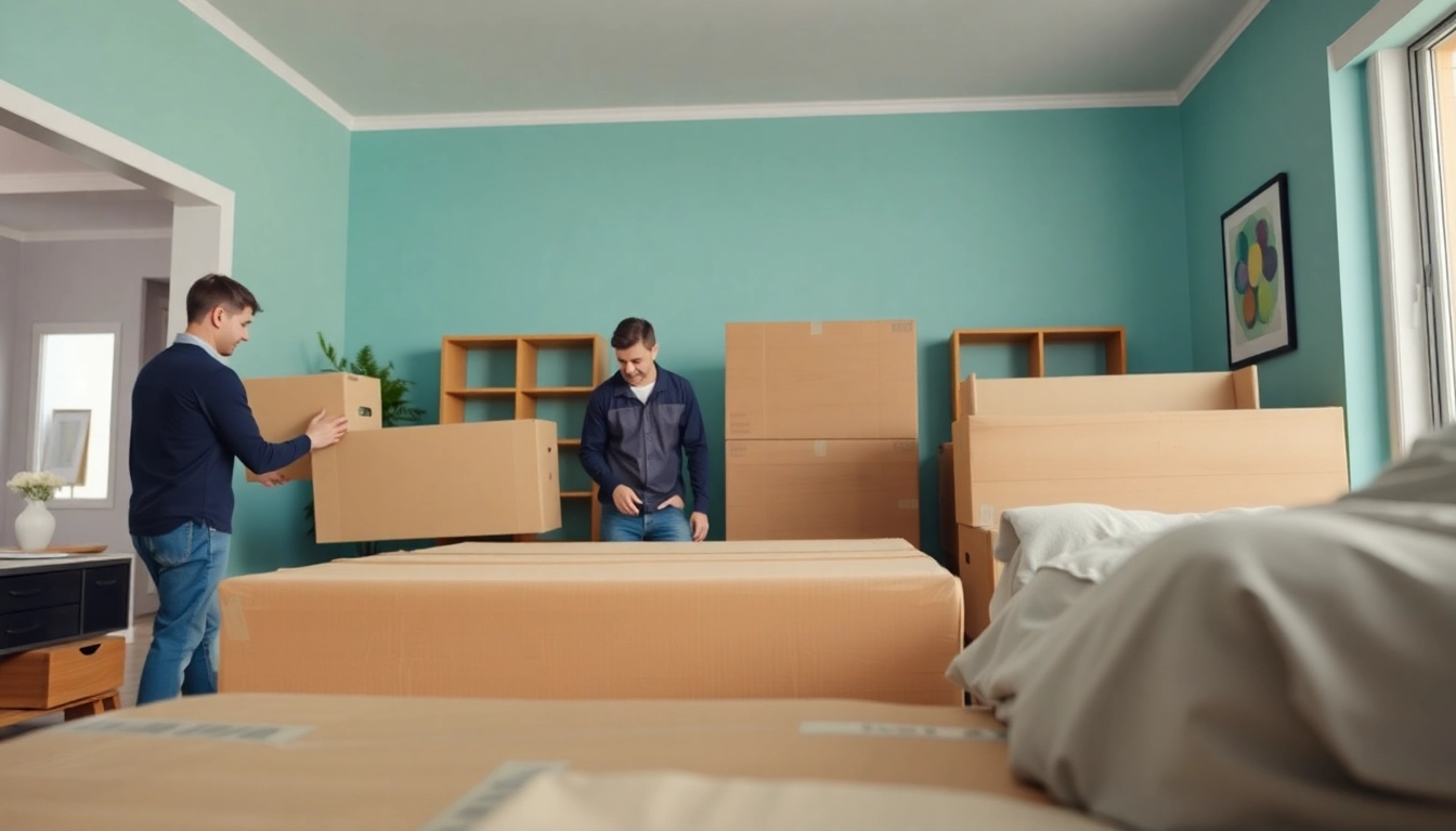 Movers Calgary expertly arranging furniture in a bright, modern home environment.