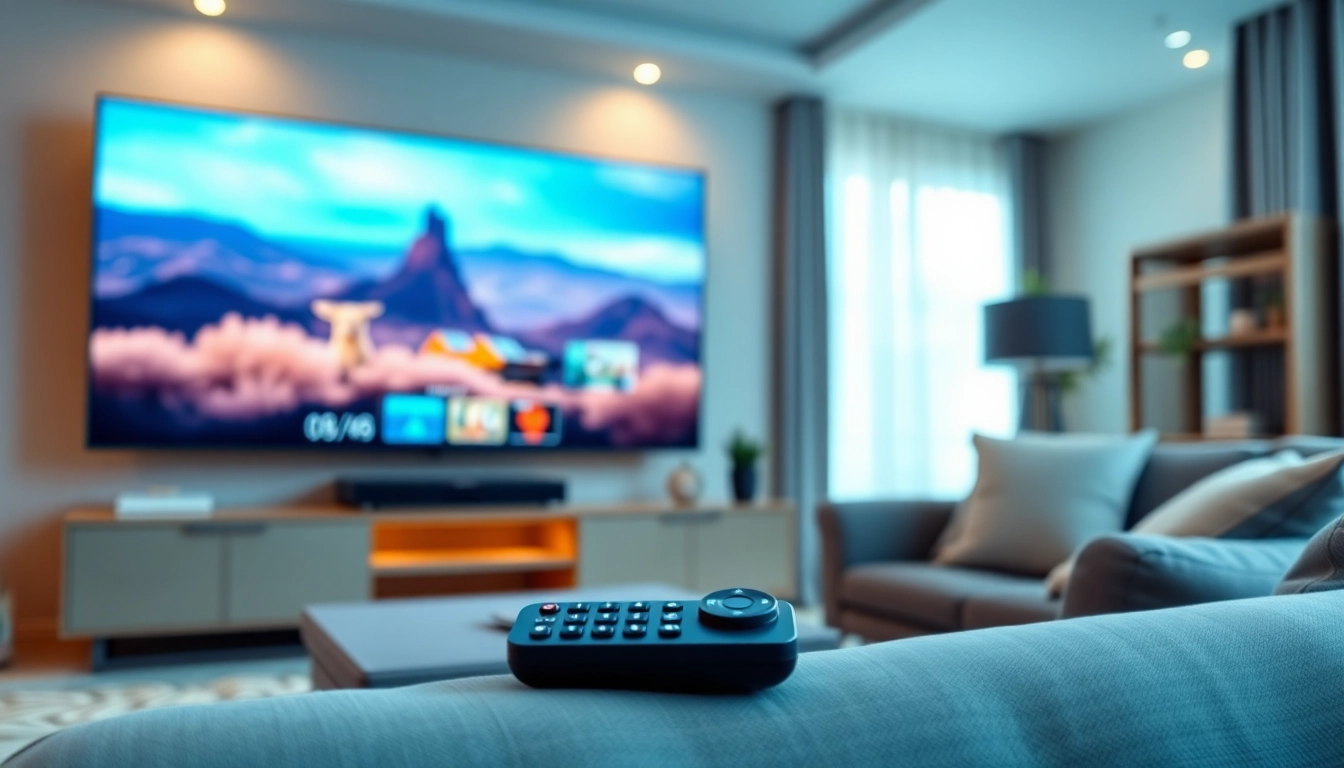 Comprar IPTV en un moderno salón con una televisión brillante y un ambiente acogedor.